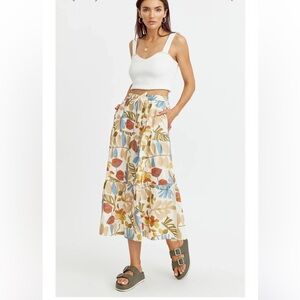 Greylin Anthropologie XS Embroidered Midi Skirt Grant Cream Blue Green Floral